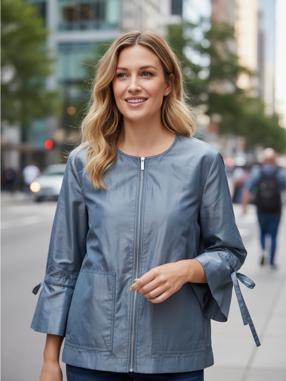 Lafayette 148 New York Johnsie Empirical Tech Cloth Zip Up Jacket Blue Sz L